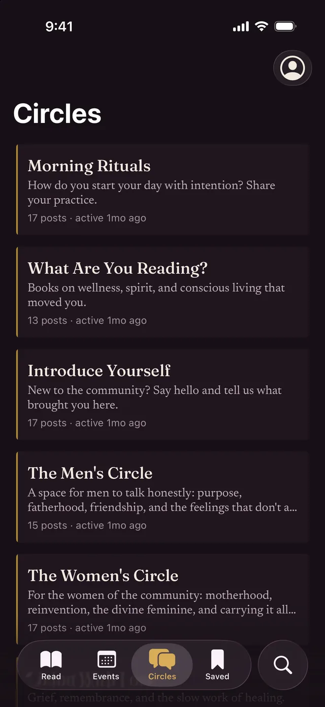 The circles screen in the app, showing the reader conversations happening around the writing