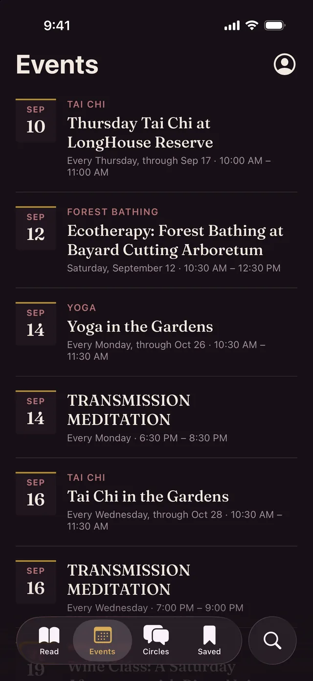 The events calendar in the app, laid out by day with tai chi, forest bathing and meditation gatherings