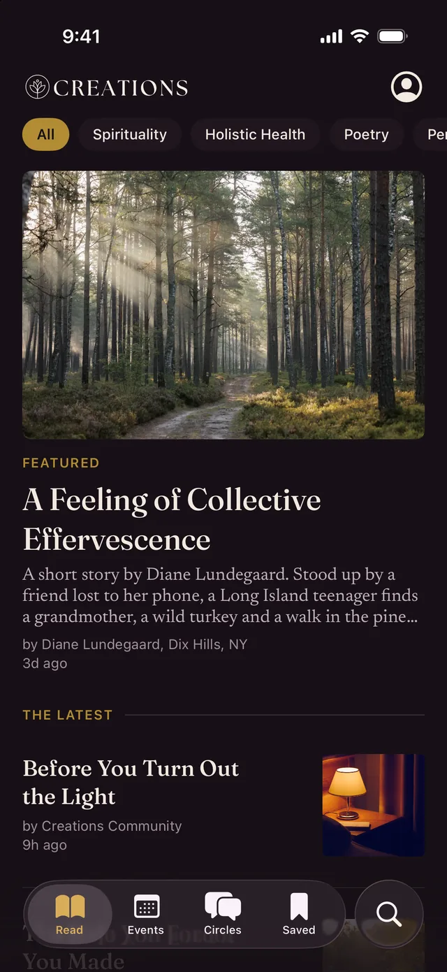 The Creations app open on the day&rsquo;s reading, with a featured story and the latest pieces below it